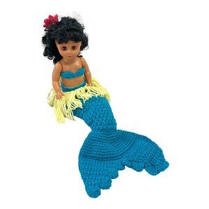 Vintage Hawaiian Mermaid Doll – Crocheted Costume, Black Curly Hair, 10”